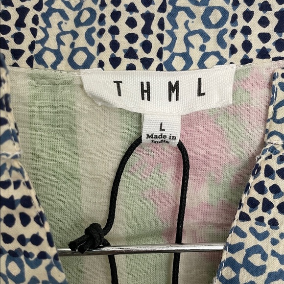 THML Women’s Tie Waist Puff Sleeves Dress with Green and Pink Floral Stripes L - Picture 4 of 10